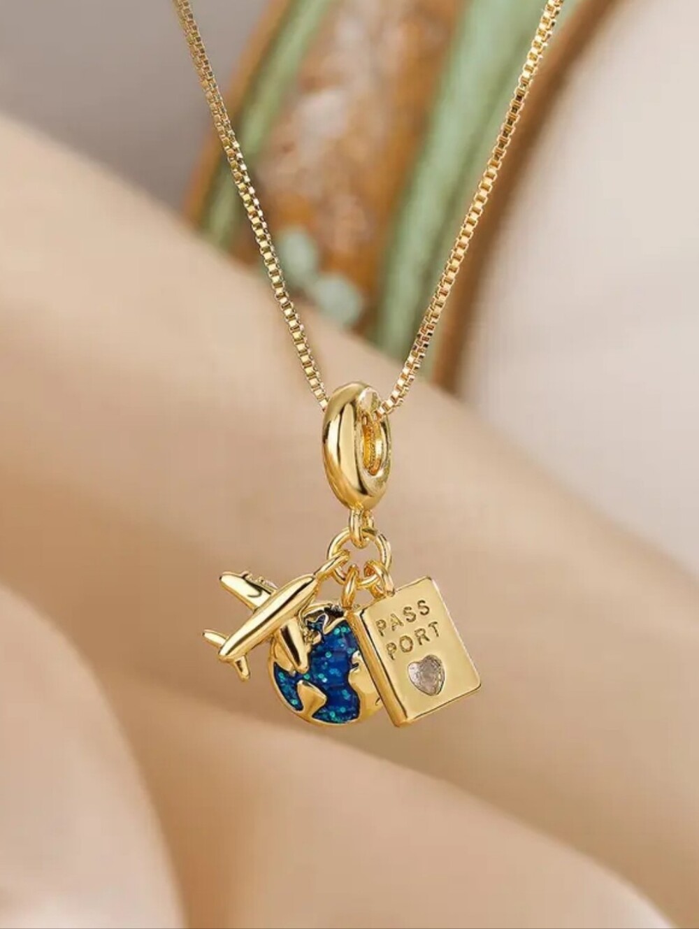 Travel Charm Necklace 18K Gold Plated Airplane Passport Globe Pendant Gift